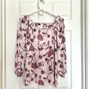 LOFT Floral Long-Sleeve Square-Neck Blouse - Pink/White - Small